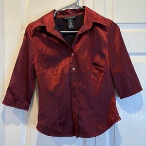 Vintage Red Metallic Jonathan Martin 3/4 Sleeve Button Up Blouse - Size Small
